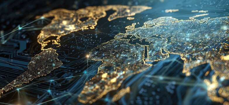 Global network, illuminated world map, overlaid on circuit board - Powered by Adobe