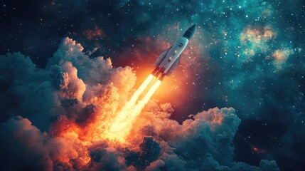 Space exploration imagery featuring rockets launching, astronauts floating, cosmic nebulae, futuristic spacecraft, planetary surfaces, inspiring cosmic adventure scenes with vivid colors