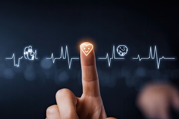 Fingertip interacts with heart-symbol overlayed EKG