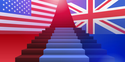 Trade war concept stairs flags USA UK. Stairs ascending with USA and UK flags in background symbolizing trade negotiation or conflict. Bright red and blue color scheme