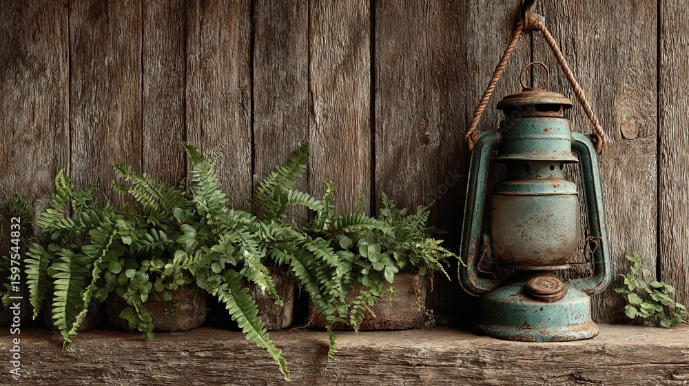 Aufkleber create a cozy rustic atmosphere with this vintage lantern and lush fern arrangement on weathered woo