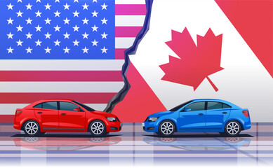 USA Canada trade war concept with cars facing off against split flags background red and blue vehicles represent economic conflict automotive industry
