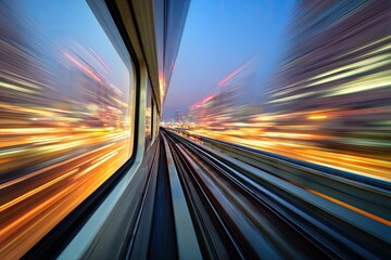 Obraz premium Fast-moving city view from a train window at night