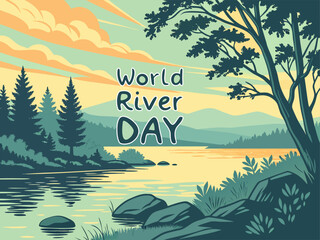Scenic River Landscape Illustration for World River Day Celebration with Trees Water and Mountains