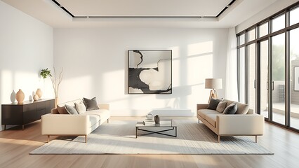 Minimalist living room with abstract art and soft natural light from large windows.