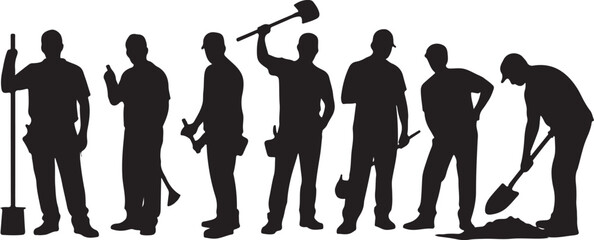 Collection Of Silhouettes vector Of Farmworkers. Icons of workers with diverse tools and instruments. Silhouettes of Farmers Working with Shovels, Rakes, and Hoes in Fields
