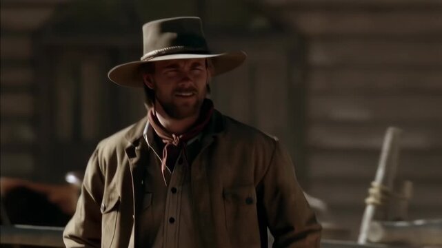 Cowboy in rustic stable with hat and jacket, smiling confidently near horses and western ranch fence, expressing authentic frontier spirit and pioneering attitude