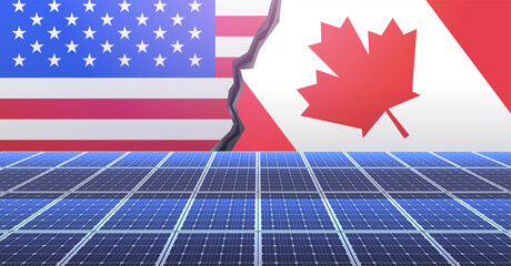 USA Canada trade war concept with solar panels foreground and split flags background in a dramatic scene banner design