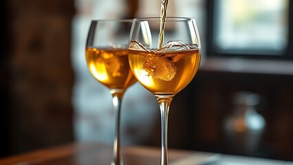 Two elegant wine glasses with golden liquid, capturing the essence of a warm ambiance.