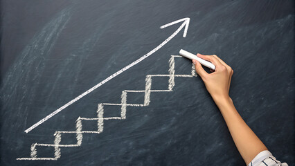 A hand is drawing a staircase with an arrow pointing upwards on a chalkboard, symbolizing success, growth, and achievement in business and career development
