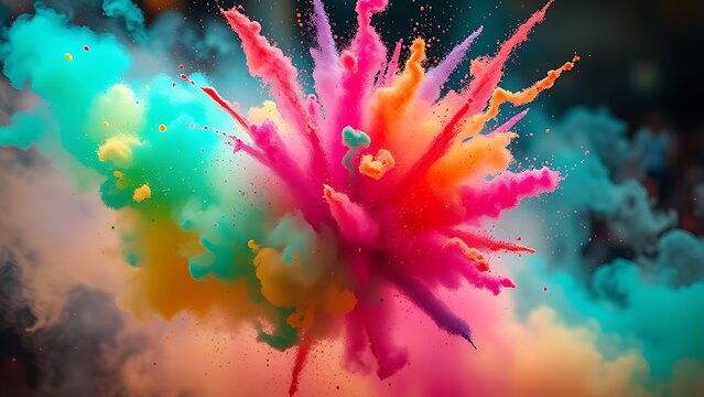 Swirling cloud of colorful powder mid-air, capturing dynamic motion in a festive celebration scene. - Powered by Adobe