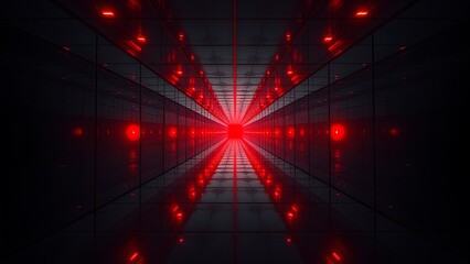 Infinite mirror corridor with ominous red warning lights flashing at the vanishing point.