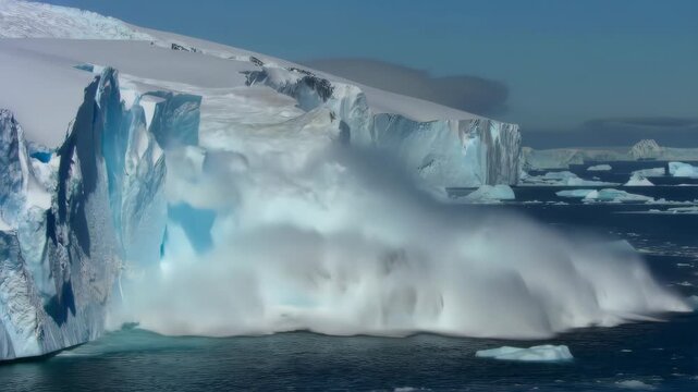 Massive glacier wall calves into Arctic waters, creating dramatic avalanche of ice and snow into dark sea beneath towering icebergs