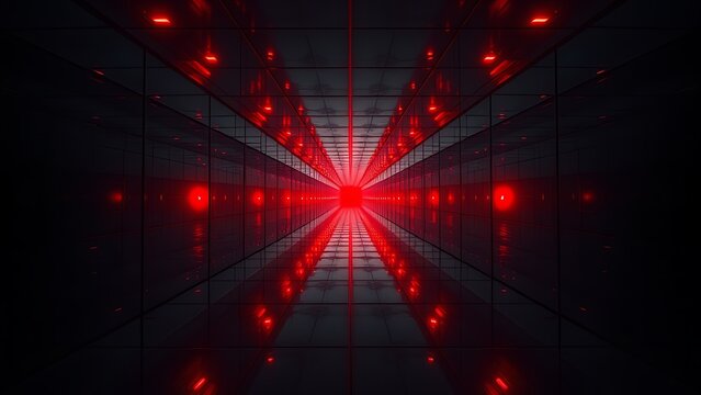 Infinite mirror corridor with ominous red warning lights flashing at the vanishing point.
