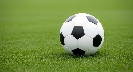 Fototapeta premium Black and White Soccer Ball on Green Grass Field