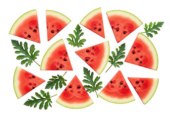 Vibrant juicy watermelon slices and green leaves arranged on fruit
