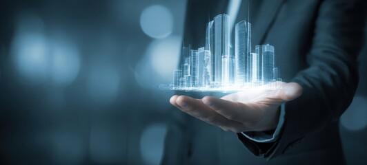 The futuristic cityscape model held in a professional's hand.