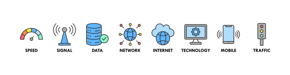 5G banner web icon vector illustration concept with icon of speed, signal, data, network, internet, technology, mobile and traffic