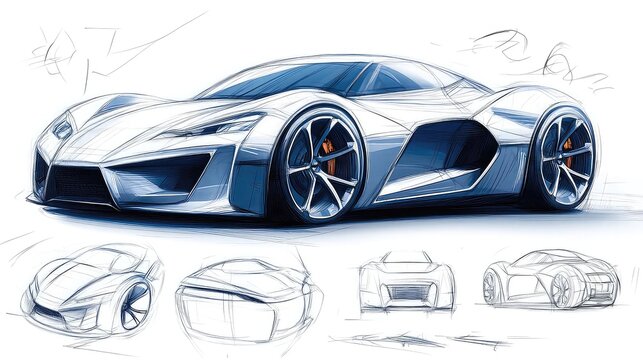 Sports car drawings with dynamic lines, sleek curves, and performance design elements rendered in sketch format for automotive concept visuals or transportation-themed artwork.