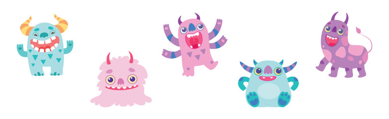 Cute Monster Character as Toothy Mutant with Funny Friendly Face Vector Set