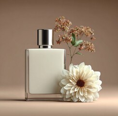 3D Render of Minimalist Perfume Bottle with White Box Mockup and  Flower on Light Beige Background, Luxury Product Presentation