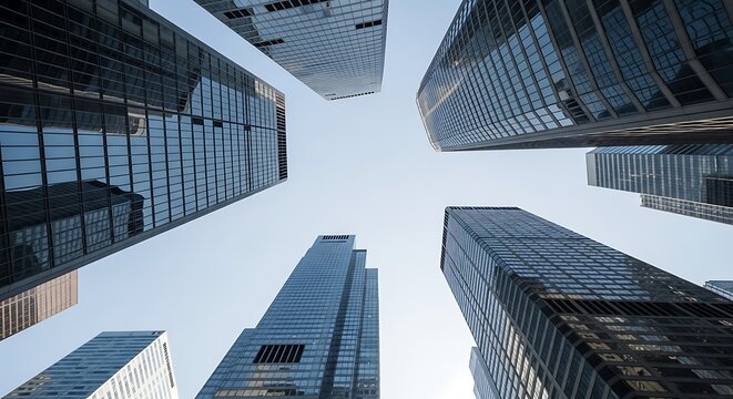 Looking up at modern skyscrapers in an urban area