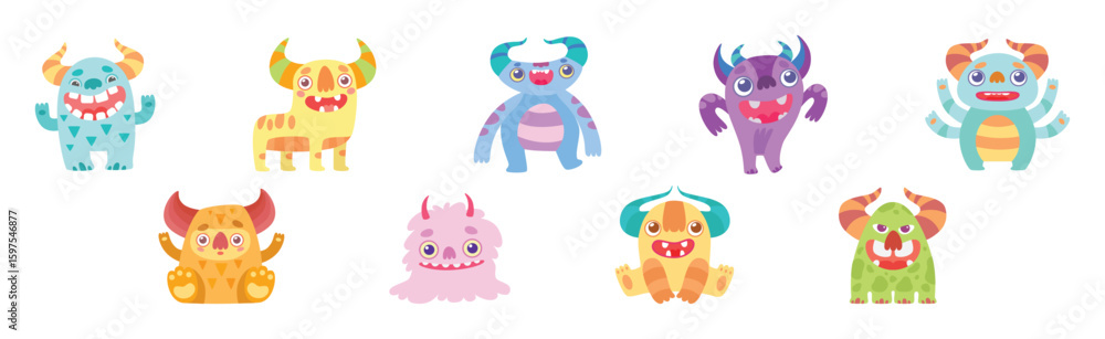 Poster cute monster character as toothy mutant with funny friendly face vector set