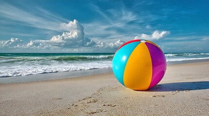 Obraz premium Colorful beach ball on the sandy beach with the ocean and sky in the background .