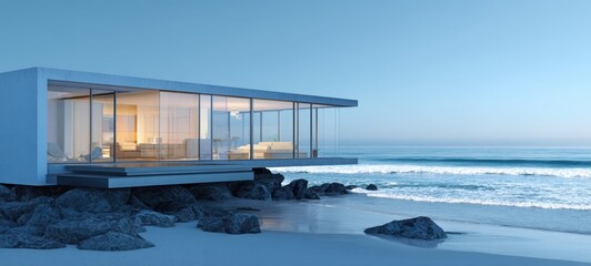 The modern beachfront house overlooking serene ocean waves at sunset