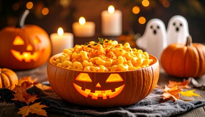 Halloween Mac and Cheese in Pumpkin Bowl with Candles and Ghosts.