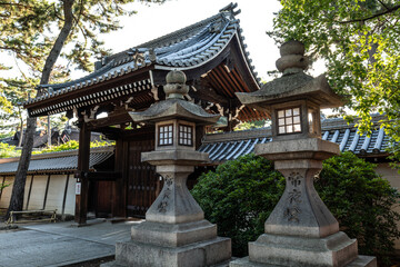Fototapeta premium 日本、大阪、住吉大社、神社、青空、木、緑、夏、木造の建物、鳥居、橋、写真素材
