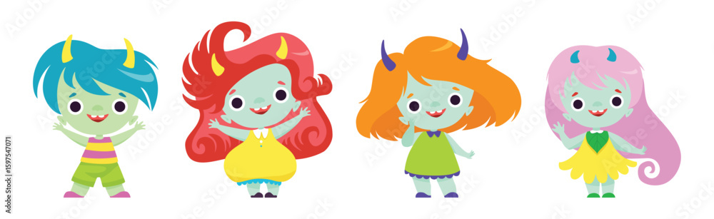Poster tiny troll characters with different hair color and little horns vector set