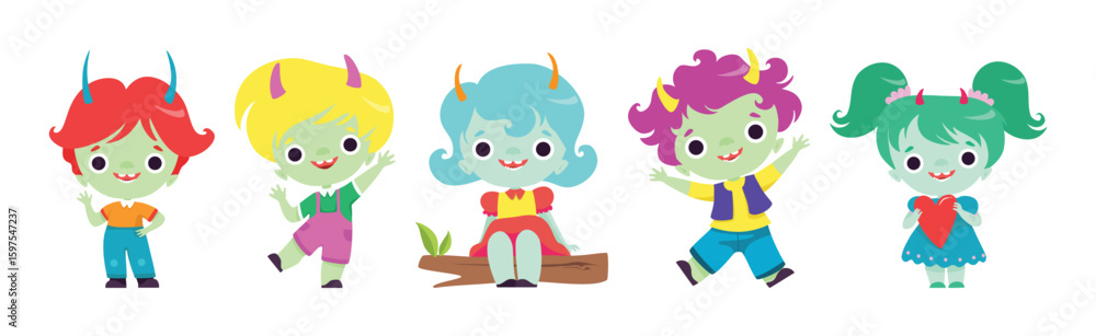 Aufkleber tiny troll characters with different hair color and little horns vector set
