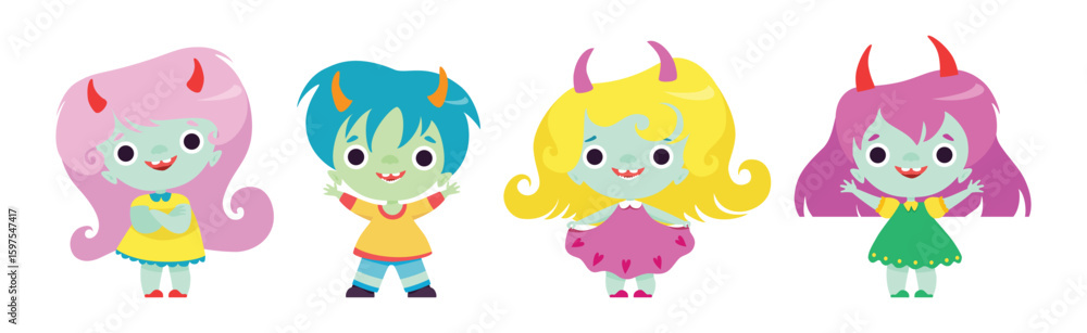 Aufkleber tiny troll characters with different hair color and little horns vector set