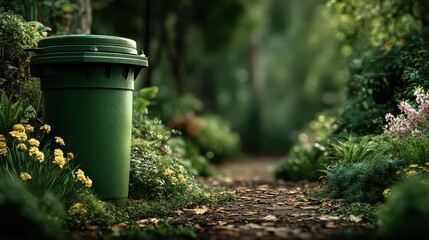 Green Trash Bin in Lush Forest Path