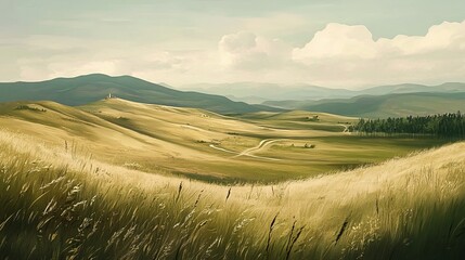 Golden rolling hills under a hazy sky