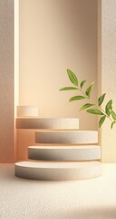 Soft beige, minimalist, abstract display podiums with a leafy branch