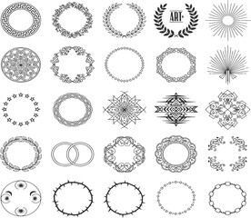 Obraz premium A collection of various circular icons with abstract, geometric, and laurel wreath designs.