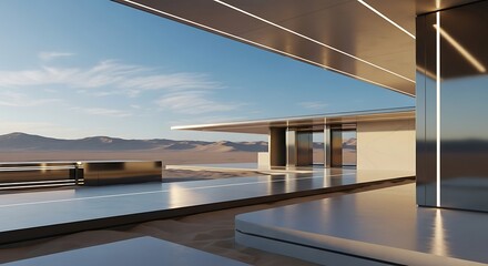 Fototapeta premium Modern minimalist architectural design with a view of the desert landscape