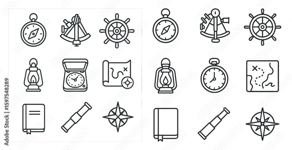 Poster navigation and maps icons set – outline, linear, compass and exploration tools