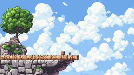 Pixelated cliffside platform, a small tree on a rocky ledge, against a bright sky with puffy clouds