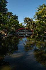 Obraz premium 日本、大阪、住吉大社、神社、青空、木、緑、夏、木造の建物、鳥居、橋、写真素材