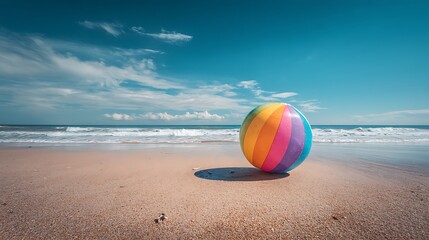 Obraz premium Colorful beach ball on the sandy beach with the ocean and sky in the background .