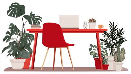 Red desk with plants and laptop