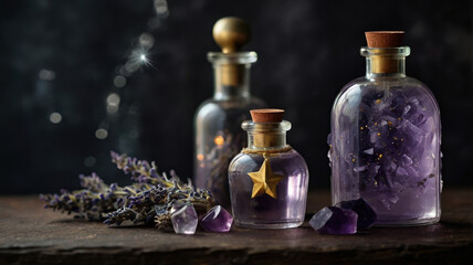 Purple bottles and crystals on wooden surface