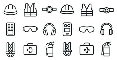 Safety and protection outline icons set &ndash; linear, silhouette, equipment symbols