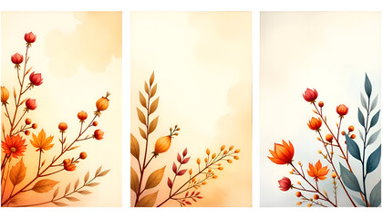 Autumn Watercolor 3-Panel Card Set with Rust, Mustard, and Burgundy Florals,autumn background with leaves
