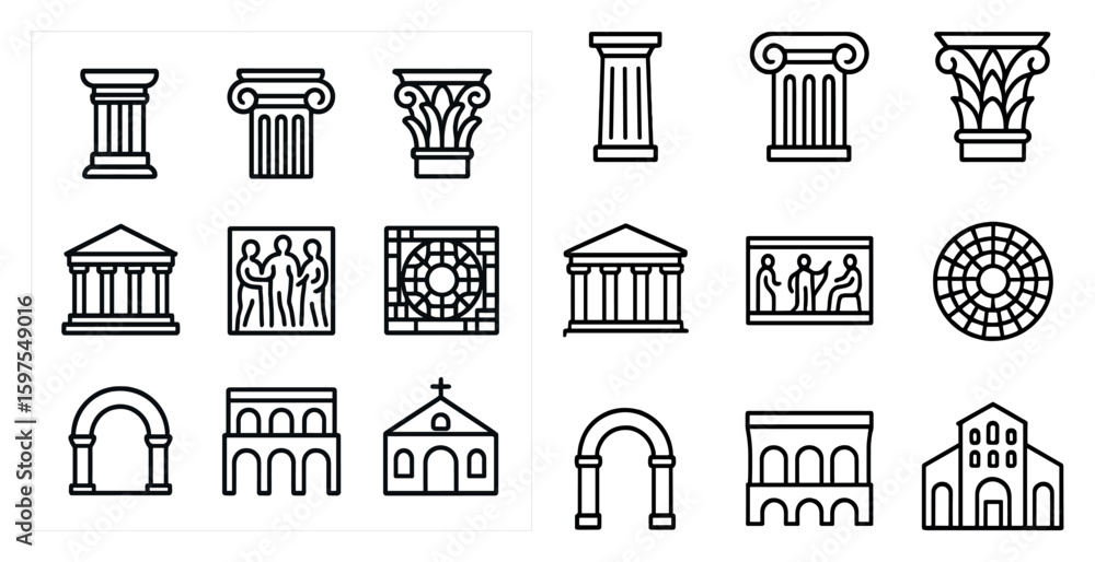 Poster architectural line icons set – outline, linear, building and structure symbols