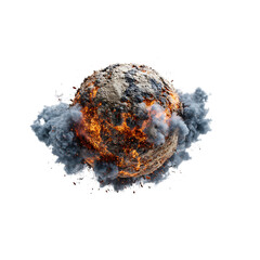Fiery celestial body erupting with molten lava and dark smoke clouds, representing cosmic destruction or powerful transformation in space. Transparent Background