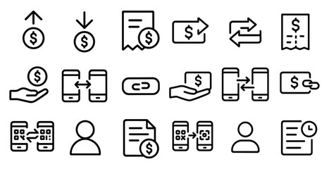 Finance and payment line icons set – outline, linear, transaction and money symbols